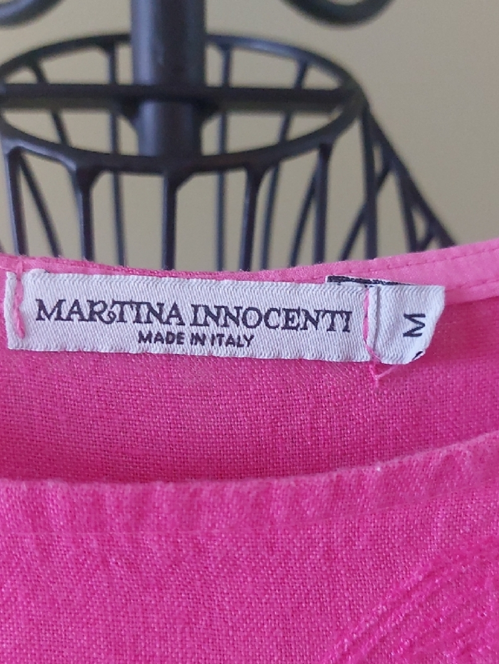 Size M, Martina Innocenti Pink Floral Embossed Short Sleeve 100% Linen DRESS - Picture 2 of 13